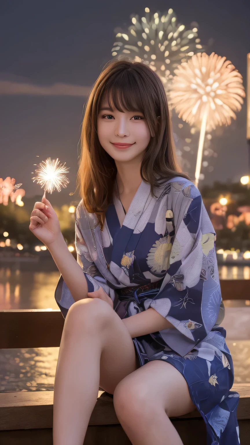 Best image quality (8k, High resolution, masterpiece: 1.2), Very detailed, Random Hairstyles, 26-year-old woman, 

Extraordinary beautiful girl、Cute and beautiful face details、(Dealing with the Children_v1:0.008)、


score_9, score_8_upper, score_7_upper, 

a firework festival at dusk.
Situation: Sitting on the riverbank,、enjoying handheld fireworks in yukata,。as the sky turns crimson,、a large firework explodes in the distance,々And launch、Color the night sky。
clothing: tied with a sash in blue or purple yukata,、wearing geta sandals on their feet,。holding small fireworks in hand,、smiles are cast upon the sparks,。
landscape: lanterns are lit along the riverbank,、people々gazing at the fireworks、the sound of fireworks echoes far and wide,



,Active stop temporarily ,
On her side、The thunder danced。
Focus on the upper waist


, Random cute poses ,Big eyes ,Puffy eyes ,  Heart pupil, blush  , Big shy smile , salute
