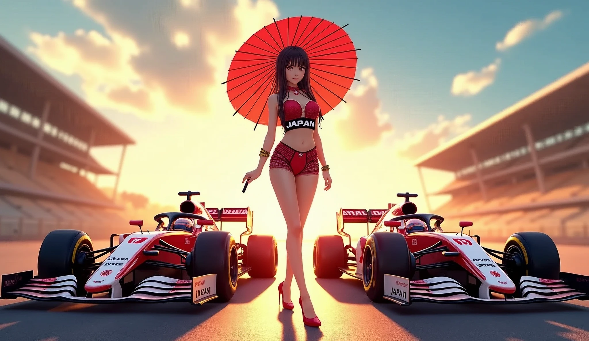 F1 race circuit. Race cars have the word JAPAN on them. A young Japanese race queen is standing in front of a race car holding a Japanese flag parasol. Her costume is separates with the word JAPAN on it. She is wearing a bangle on her arm. The background is beautiful and shining under the summer sun. Anime style. View from afar. Her beautiful legs are attractive, and her whole body from head to toe. She is wearing high heels.