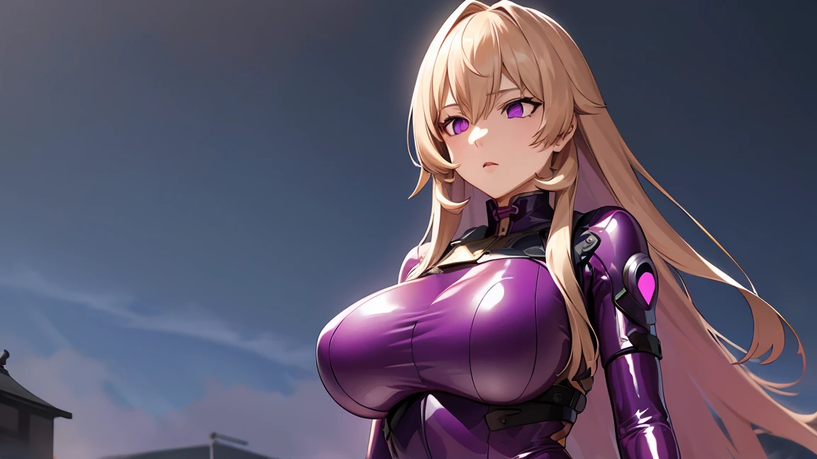  Highest quality++, Very detailed+, Ultra-high resolution,(Realistic:1.4)Cowboy Shot,wide, Long Hair, Blonde, Hair between the eyes, Purple Eyes, ((A woman in a purple latex bodysuit.4)),so beautiful, Highest quality, Absurd, One Girl, Brainwashed,}}}} ((purple glowing eyes 2)), (Big Breasts:1)The shape of、(陰部The shape of))Expressionless, Research Room, Room of Darkness, (Neon Light:1.2), (night:1.5), stand up and salute