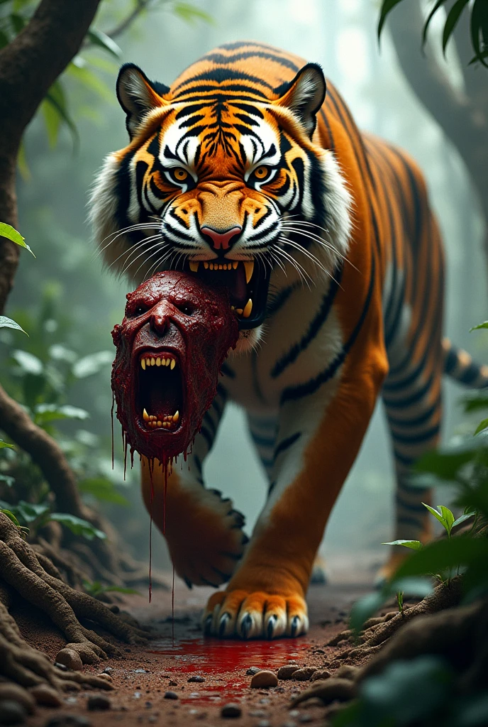 man eating tiger head
