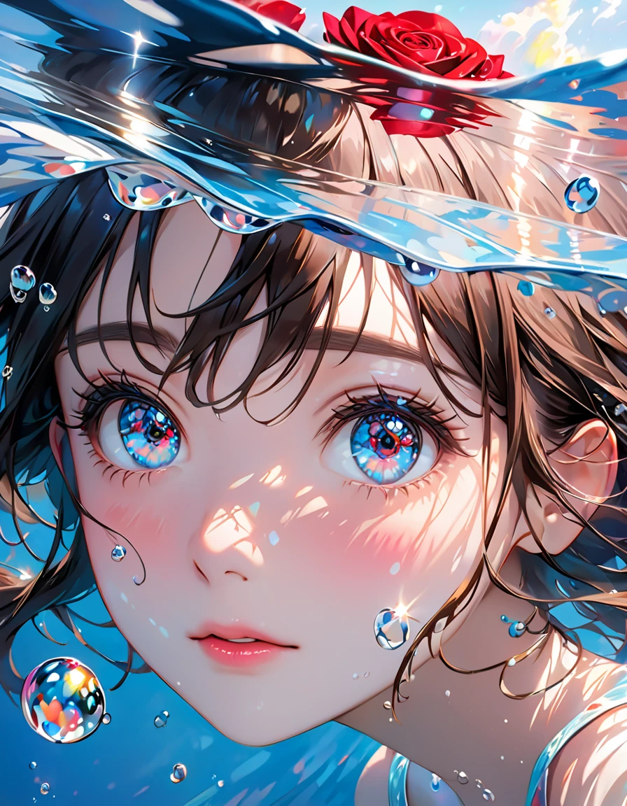 Girl swimming underwater,Ultra-detailed rendering style,shine,Rose red,Light blue,brush,ultrarealism oil painting,Shining eyes,Head close-up,Exaggerated perspective,Tyndall effect,Water Drop,Pearl oyster rainbow color,Holographic white,black background,