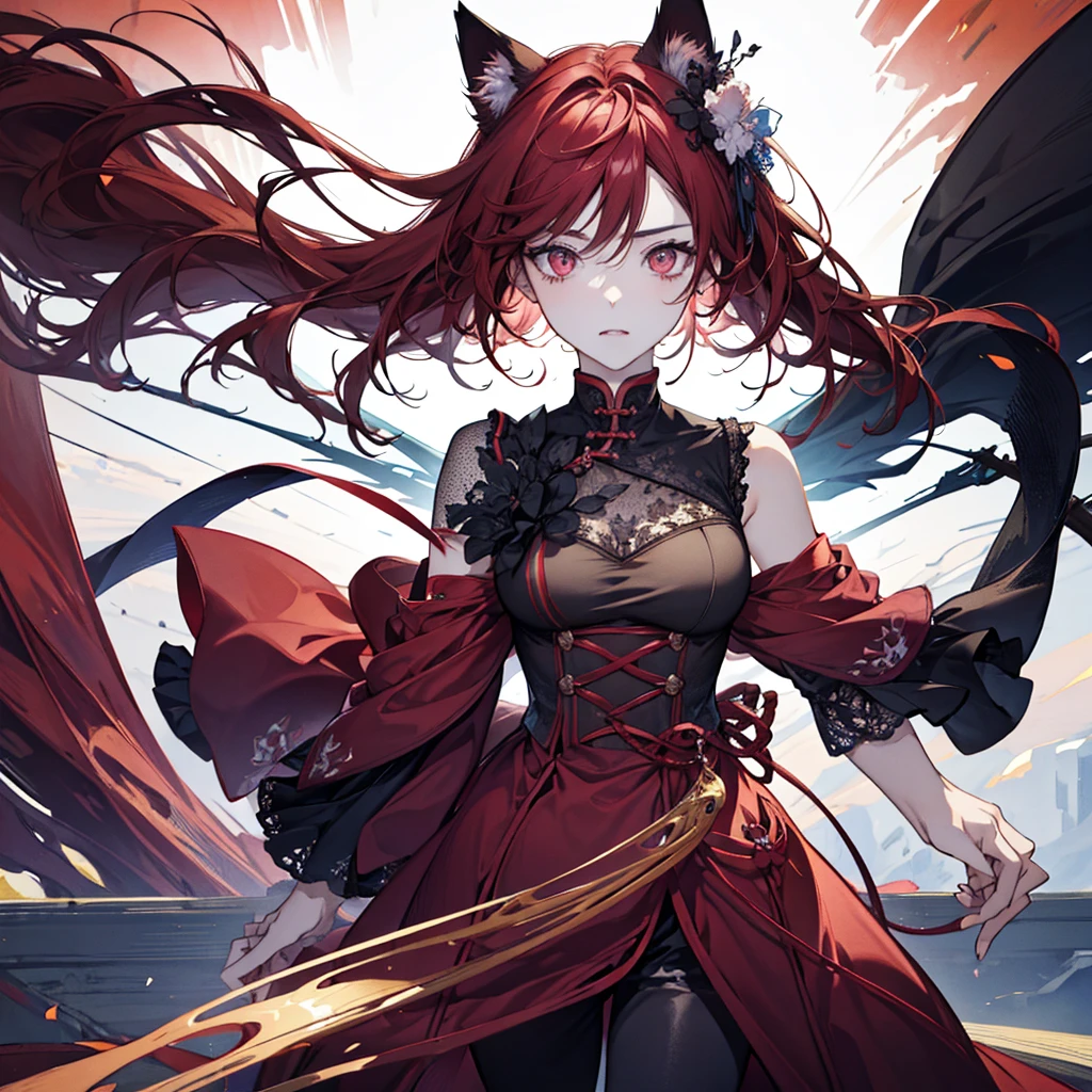 Cat ears、Red gradient hair、Red eyes、Short messy hair、Hair between the eyes、(Half Body、Are standing、No sleeve、Muscular、Broad shoulders)、Detailed face、Beautiful detailed eyes、Beautiful detailed lips、Highly detailed eyes and face、Long eyelashes、intricate strands of hair、high quality、8k、Photorealistic、Studio Lighting、Super Fine Art、Sharp Focus、Physically Based Rendering、Bright colors、Anime Style、Digital Art