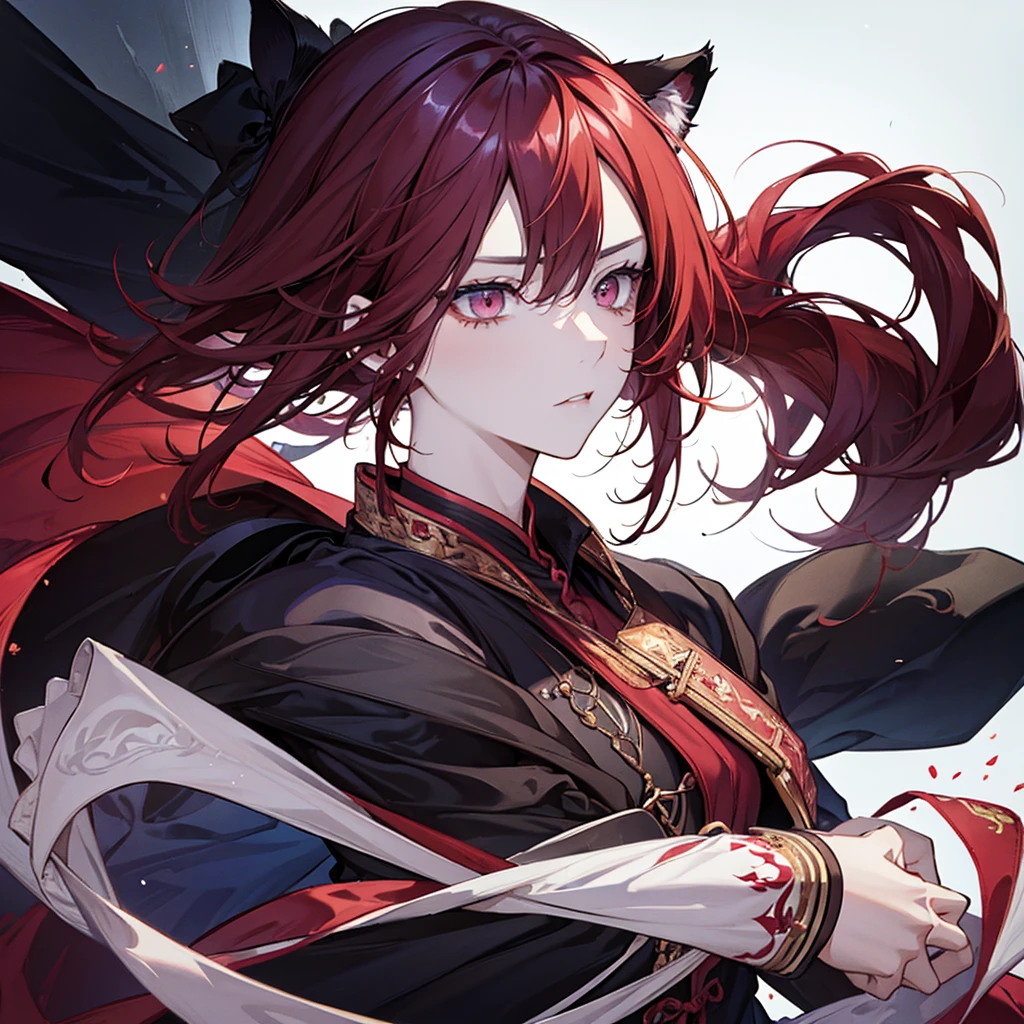 Cat ears、Red gradient hair、Red eyes、Short messy hair、Hair between the eyes、（Half Body、Are standing、No sleeve、Muscular、Broad shoulders）、Detailed face、Beautiful detailed eyes、Beautiful detailed lips、Highly detailed eyes and face、Long eyelashes、intricate strands of hair、high quality、8k、Photorealistic、Studio Lighting、Super Fine Art、Sharp Focus、Physically Based Rendering、Bright colors、Anime Style、Digital Art