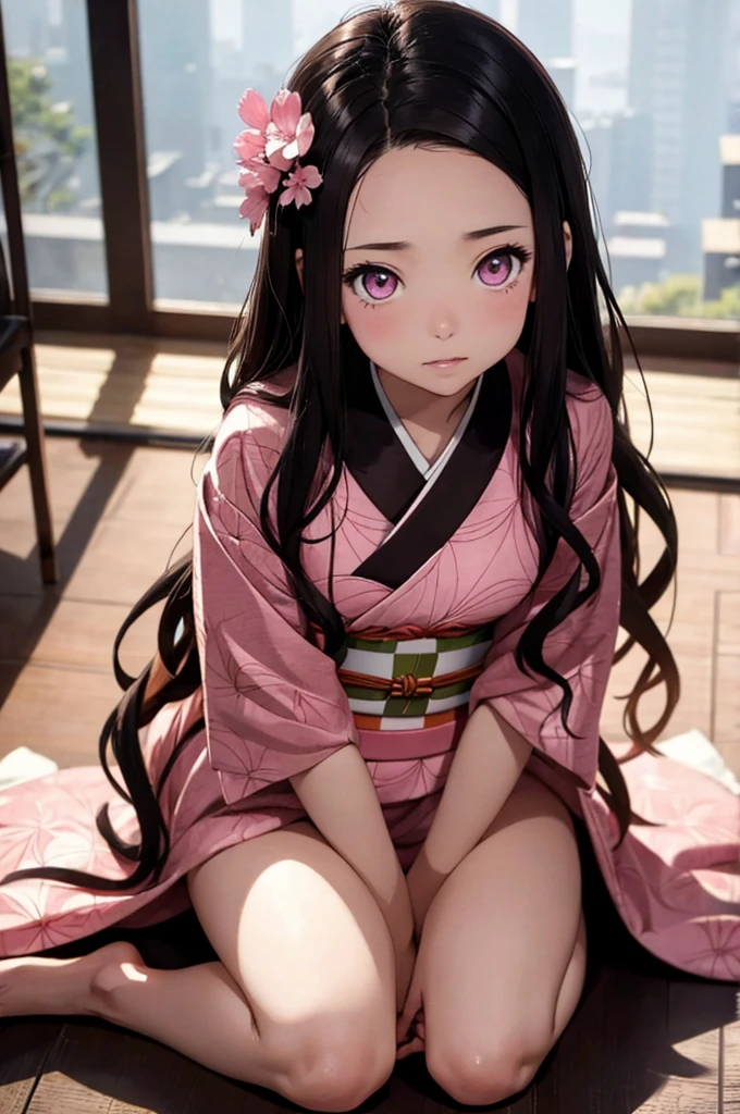 ​masterpiece, (Pink kimono), Seductive face, good lighting, decolletage, finely detail, ​masterpiece, Glowing eyes, 1girl in, Brunet, （gag:1.3）, Bamboo, Nezuko Takedo, a bed、 ​masterpiece, top-quality,full body Esbian, thin-waist,small-medium sized breasts、wariza、Girl sitting、Pink eyes、4K IMAGE, masterpiece, showing one teeth.
