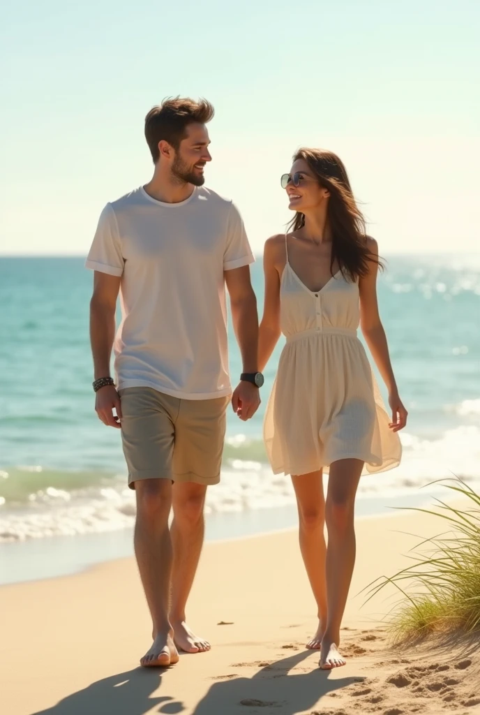 Male and female 28 years old they were walking in sand near beach in morning realistic