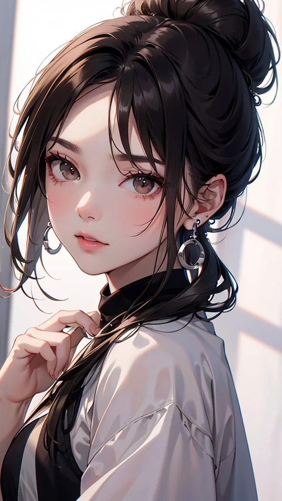 best quality, high resolution,slim、Brown eyes、High target、Black Hair、（forehead:1.3),Hair Bun、Set、Silver earrings、shy、White skin、Small face
