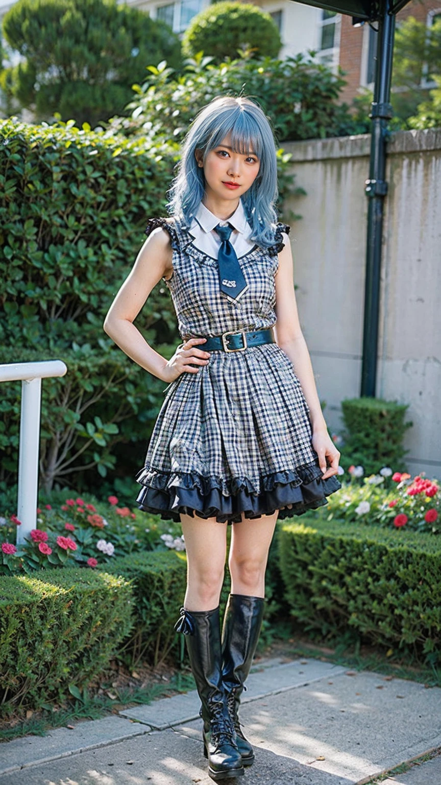 (8k、RAW Photos、Highest quality、masterpiece:1.2)、(Realistic、Realistic)、1 person、((Light blue hair、boots、whole body、garden、Check mini skirt、garden、View from the front、Looking into the camera、Hands on your hips))、cute