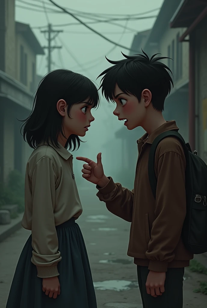 Create an image of a boy insulting a girl, The girl is sad.