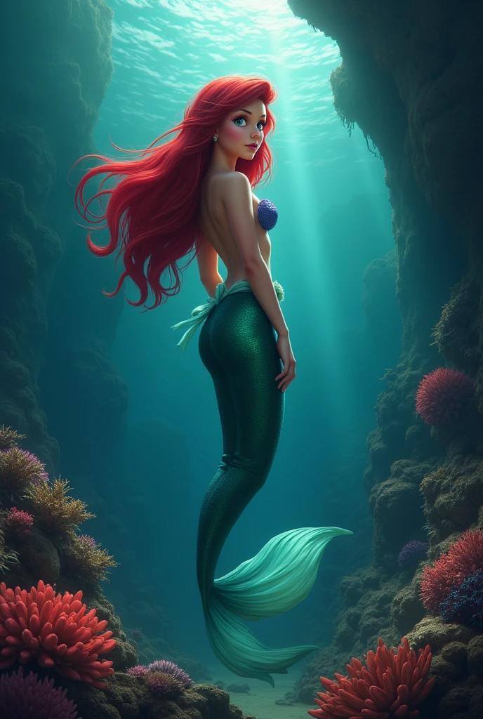 "Create a realistic underwater scene depicting a very sexy and realistic young mermaid., A 20-year-old named Ariel , with long hair and a curious expression. The ocean is deep and mysterious, with darker tones that hint at an ominous presence. The surroundings are full of colorful coral, but with shadows that trail behind her, suggesting it's not the usual cheerful tale."