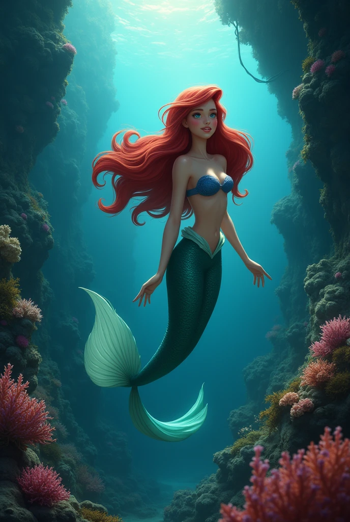 "Create a realistic underwater scene depicting a very sexy and realistic young mermaid., A 20-year-old named Ariel , with long hair and a curious expression. The ocean is deep and mysterious, with darker tones that hint at an ominous presence. The surroundings are full of colorful coral, but with shadows that trail behind her, suggesting it's not the usual cheerful tale."