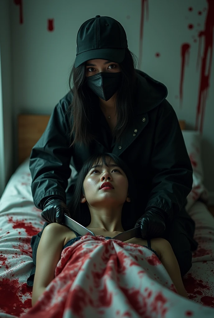 korean girl, (behind crying corpse, holding knife), black surgical mask, black gloves, room full of blood, black raincoat, trucker hat, holding knife, black gloves, woman on top, behind multiple corpse, blood splatter, on the bed, looking at viewer, mass murderer, killer, long bangs, blood splatter, dark atmosphere, cinematic lighting, atmospheric realistic, light from the window, close-up,
