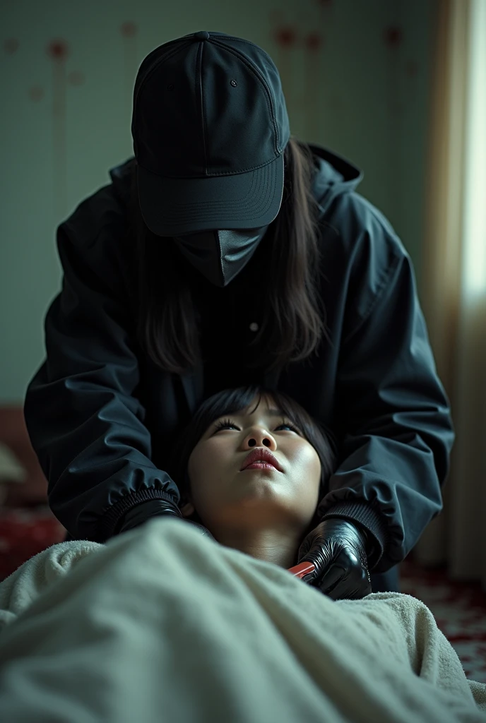korean girl, (behind crying corpse, holding knife), black surgical mask, black gloves, room full of blood, black raincoat, trucker hat, holding knife, black gloves, woman on top, behind multiple corpse, blood splatter, on the bed, looking at viewer, mass murderer, killer, long bangs, blood splatter, dark atmosphere, cinematic lighting, atmospheric realistic, light from the window, close-up,
