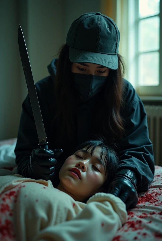 korean girl, (behind crying corpse, holding knife), black surgical mask, black gloves, room full of blood, black raincoat, trucker hat, holding knife, black gloves, woman on top, behind multiple corpse, blood splatter, on the bed, looking at viewer, mass murderer, killer, long bangs, blood splatter, dark atmosphere, cinematic lighting, atmospheric realistic, light from the window, close-up,
