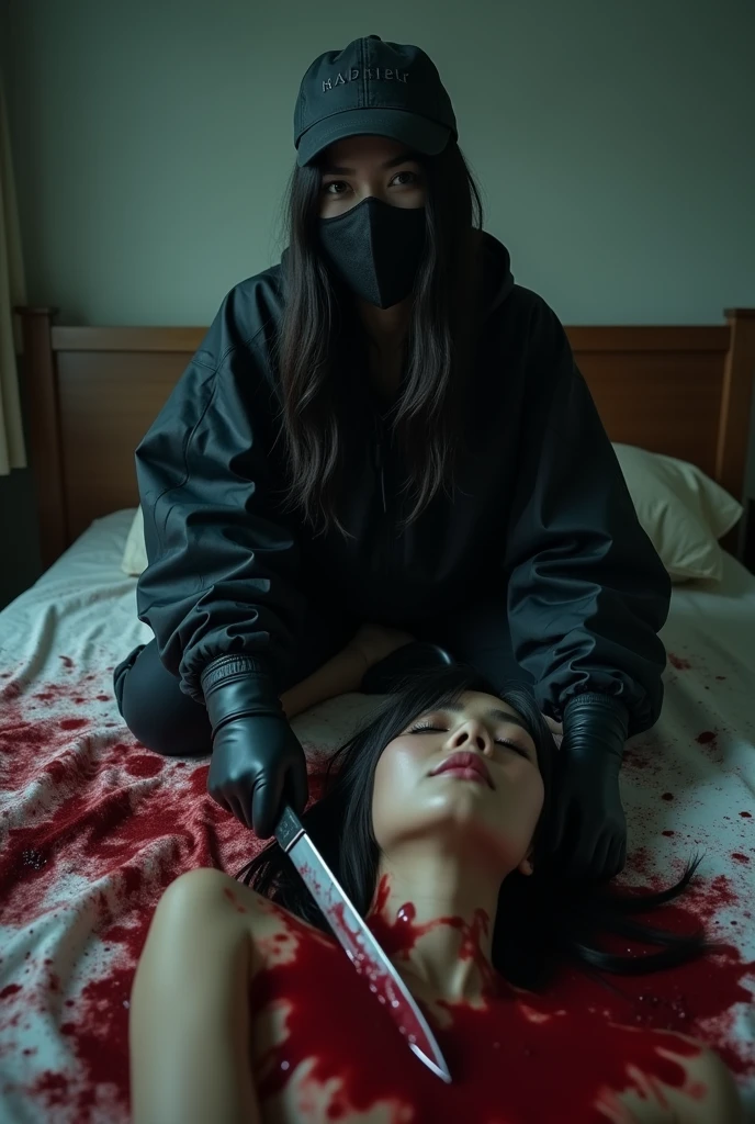 korean girl, (behind crying corpse, holding knife), black surgical mask, black gloves, room full of blood, black raincoat, trucker hat, holding knife, black gloves, woman on top, behind multiple corpse, blood splatter, on the bed, looking at viewer, mass murderer, killer, long bangs, blood splatter, dark atmosphere, cinematic lighting, atmospheric realistic, light from the window, close-up,
