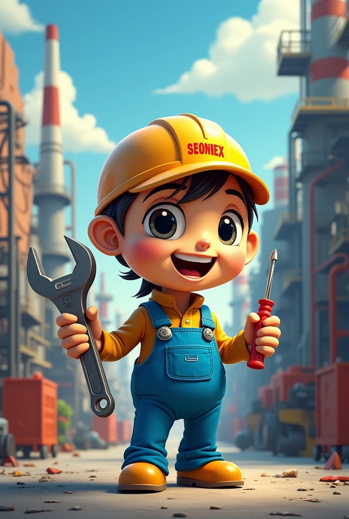 Hose clamp Smiling screw with arms and legs, dressed in blue overalls and an engineer's cap. She has bright eyes and a friendly expression. In one hand she holds a wrench and in the other a screwdriver. Behind her, an industrial city with factories and machines in operation. The style is colorful and lively, with smooth lines' and having the name
Teconnex Mexico