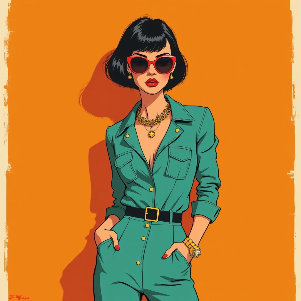 A retro illustration of a woman with sunglasses and short black hair, wearing teal , against a bright orange background, in the style of vintage poster design, in the style of Hugh Kretschmer, in the style of Ross Tran, in the style of Fluid Forms, in the style of Peter Max, and in the style of J.C. Le Capitaine, high resolution.
--v 6.1 --ar 2:3 --s 600 --c 25
--p 94cczhz
--sw 30 --sref