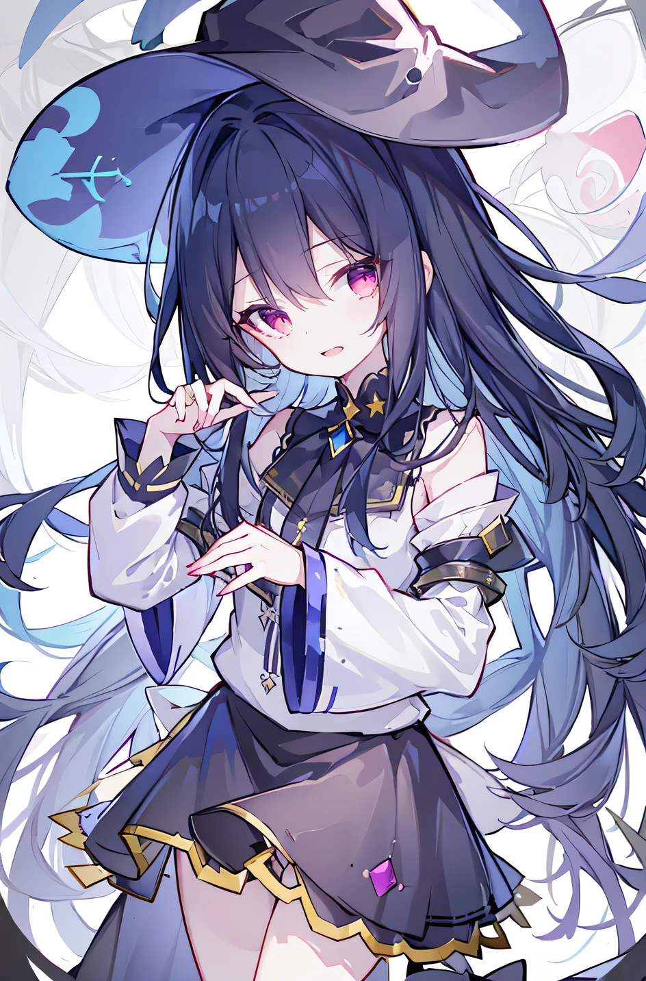 oung Girls,Humanity,A magician always smiles,big witch hat,cute,dark blue long hair,The eyes are dull,The bangs are heavy,Thin eyebrows,fantasy,intake,Double teeth,Star Theme,Constellation pattern,Solid color clothetal decoration,cloak,A bit of a dark atmosphere,A little crazy smile,When the big moon shines outside at night,blood,Hair black star embellishment,Short tie,No nails,High waist skirt,Bell sleeves,Long-sleeved shirt,Black tie,low risk,gentlemen。Mist、Yellow and white effect，Shocking pink as an accent color