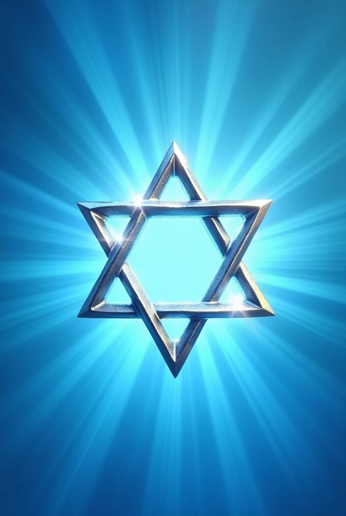 A Star of David in silver on a very bright light blue background.