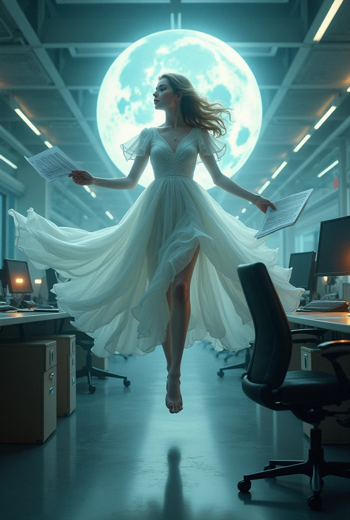 A soft, beautiful moon running with documents through the office