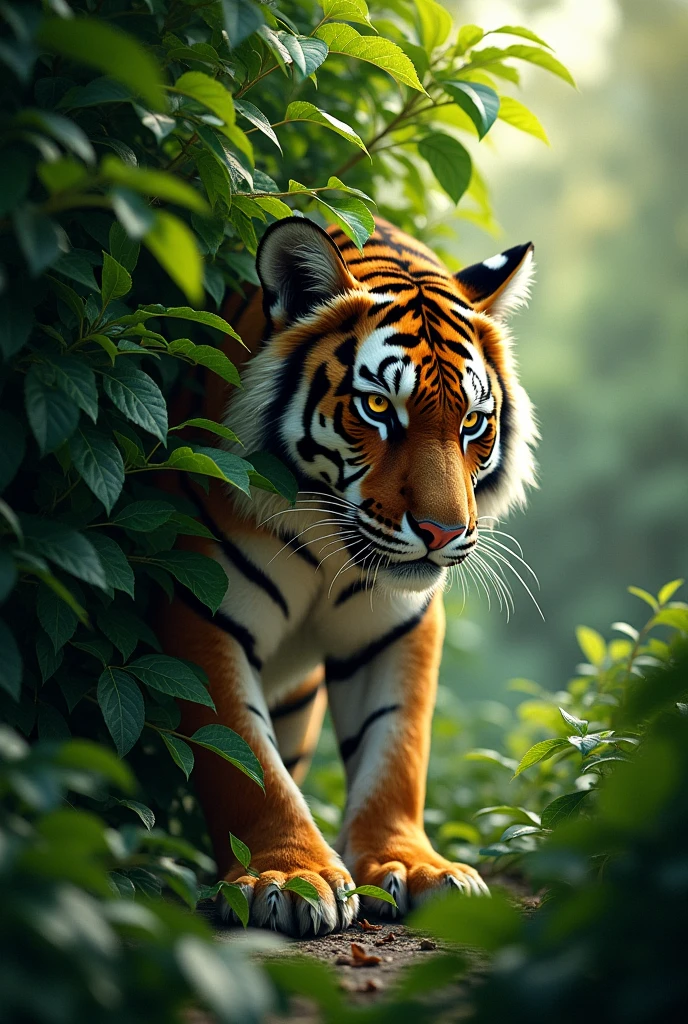 Tiger hiding in a green bush