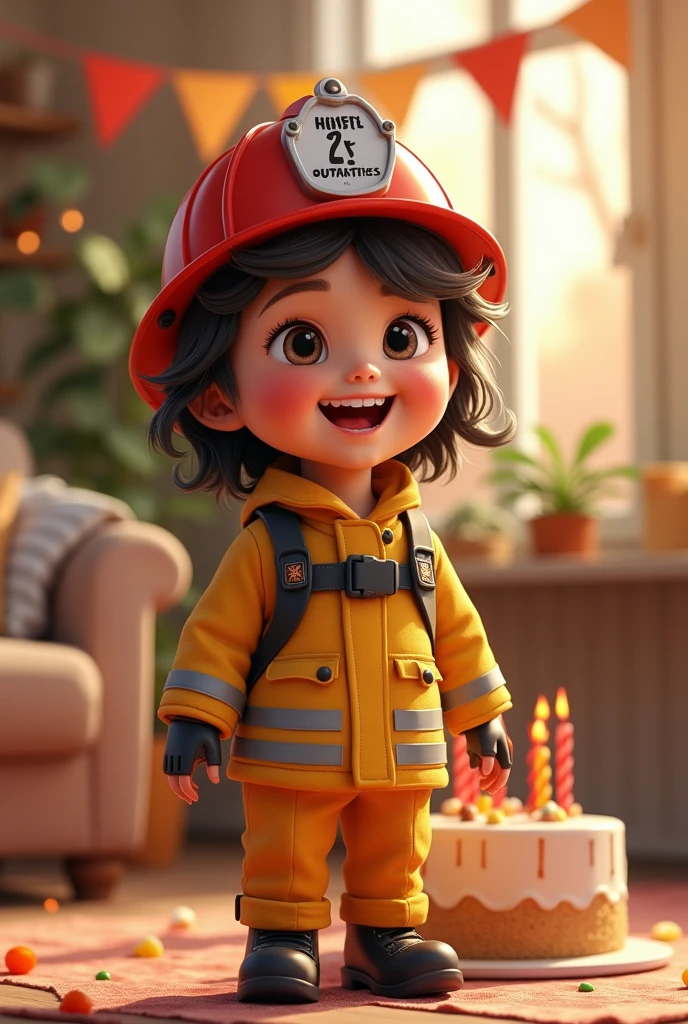 Three  girl firefighter celebrating birthday