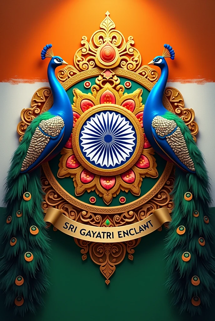 Beautiful Indian flag colours with Ashok chakra with both side peacocks and Indian flag name with Sri Gayatri Enclave name displayed on below the Ashok chakra 