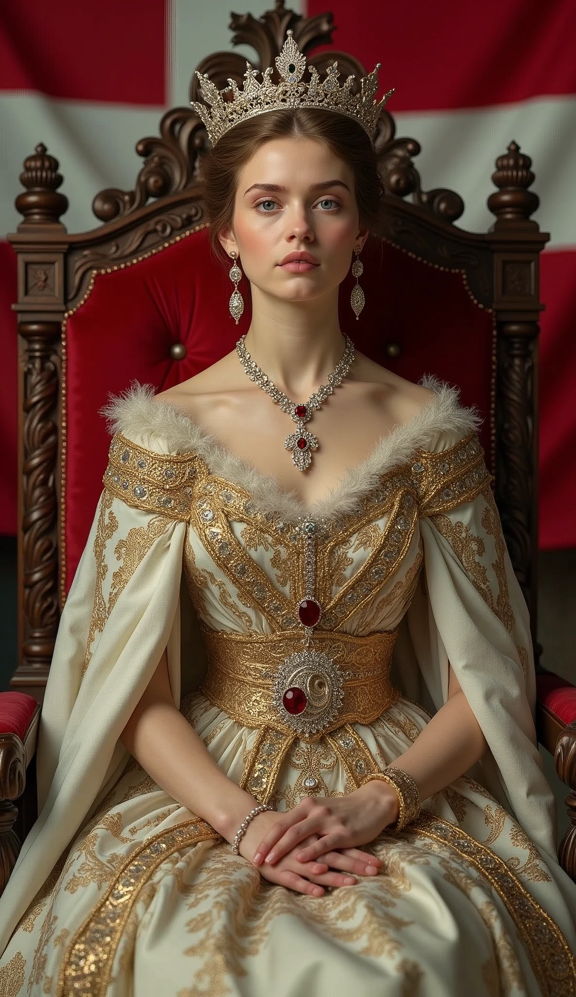 Young and beautiful Danish Queen。whole body。Sit on a throne、Wearing the crown、Holding a scepter and a jewel。Danish flag in the background