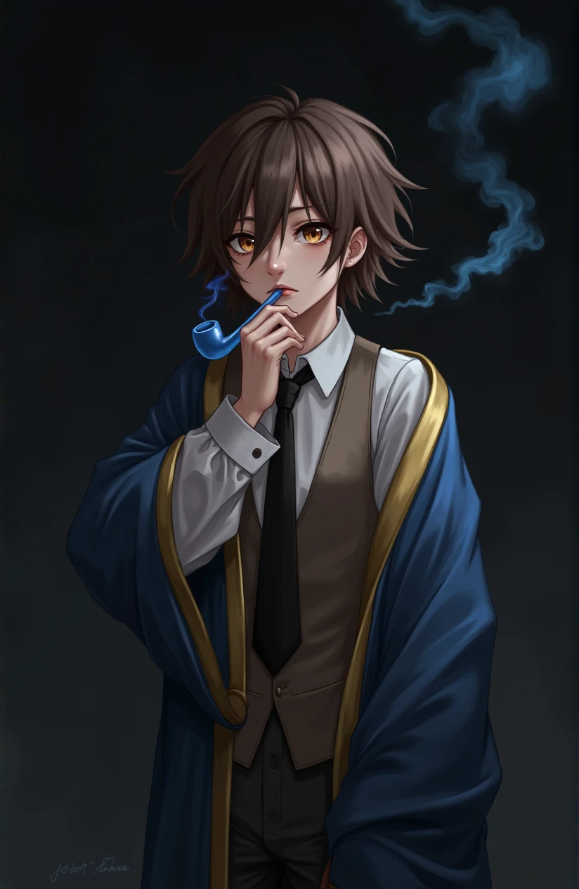 1 tomboy, solo, amber eyes, short brown hair, brown vest, whit shirt, black tie, blue robe with gold trim along the edge,1 blue smoking pipe with blue flame, gloomy face
