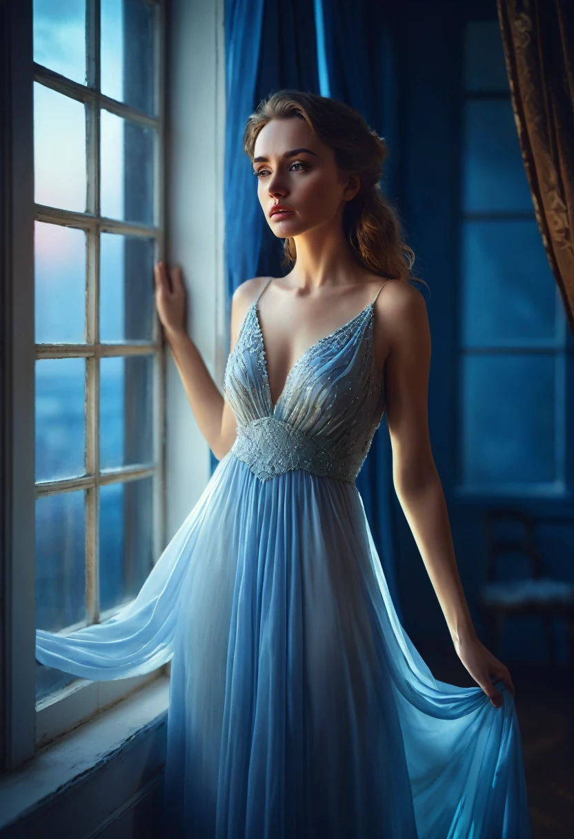 arafed woman in a dress standing in front of a window, a picture by Marie Bashkirtseff, shutterstock, romanticism, half-turned lady in evening gown, flowing gown, wearing a flowing dress, mysterious woman, haunting beautiful young woman, wearing a white flowing dress, flowing dress, woman in dress, extremely moody blue lighting, miss aniela