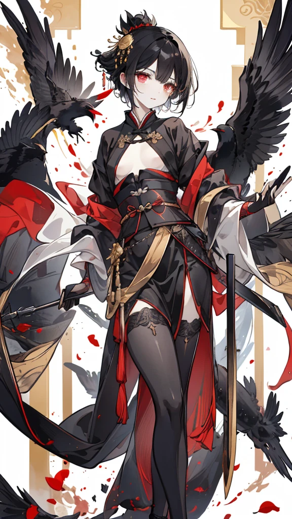 short black hair,Golden pupils,Black Hanfu and armor,Black long knife,crow flying in the air,black stockings,Wearing a black glove on the left hand,little chest
