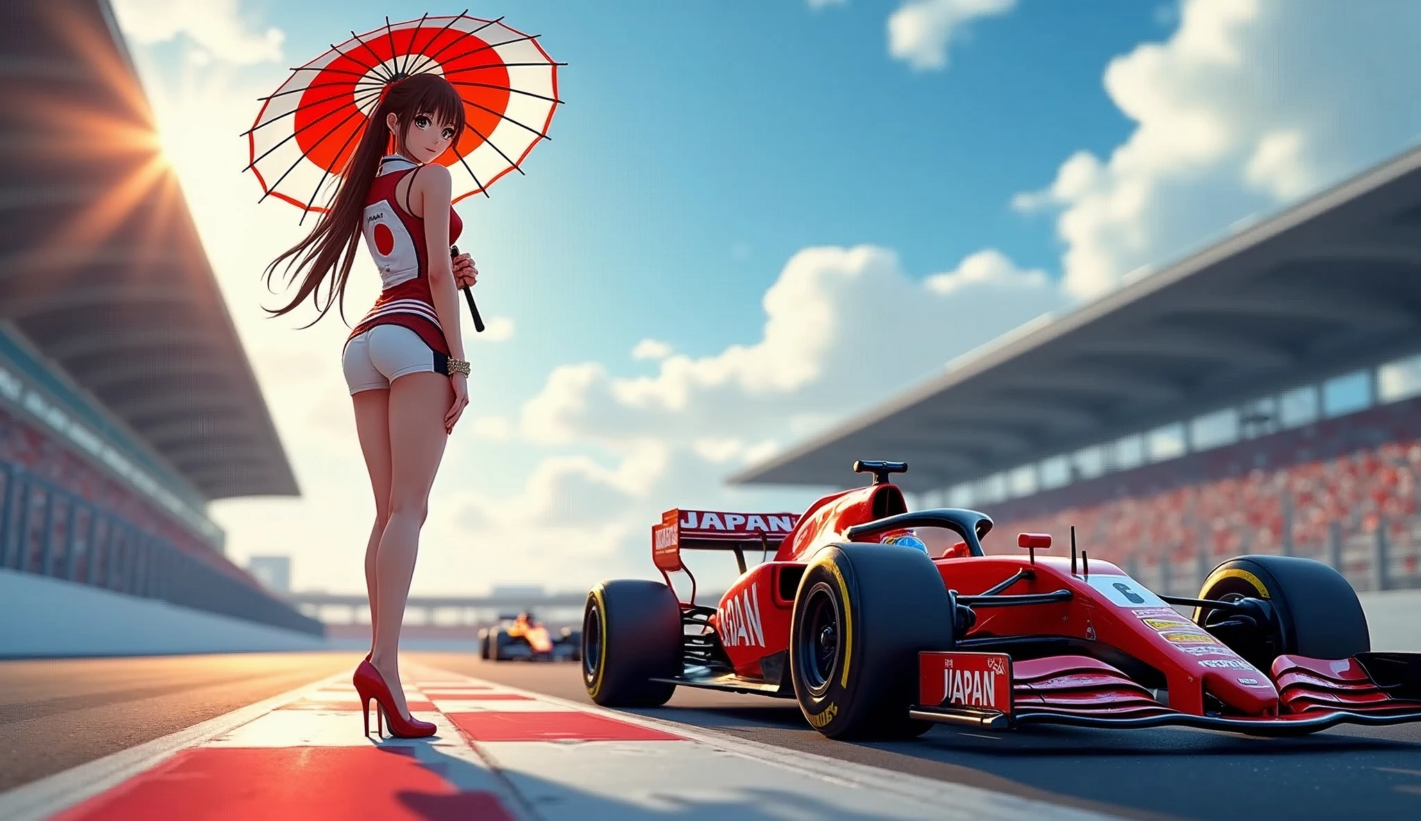 F1 race circuit. Race cars have the word JAPAN on them. A young Japanese race queen is standing in front of a race car holding a Japanese flag parasol. Her costume is separates with the word JAPAN on it. She is wearing a bangle on her arm. The background is beautiful and shining under the summer sun. Anime style. View from afar. Her beautiful legs are attractive, and her whole body from head to toe. She is wearing high heels.