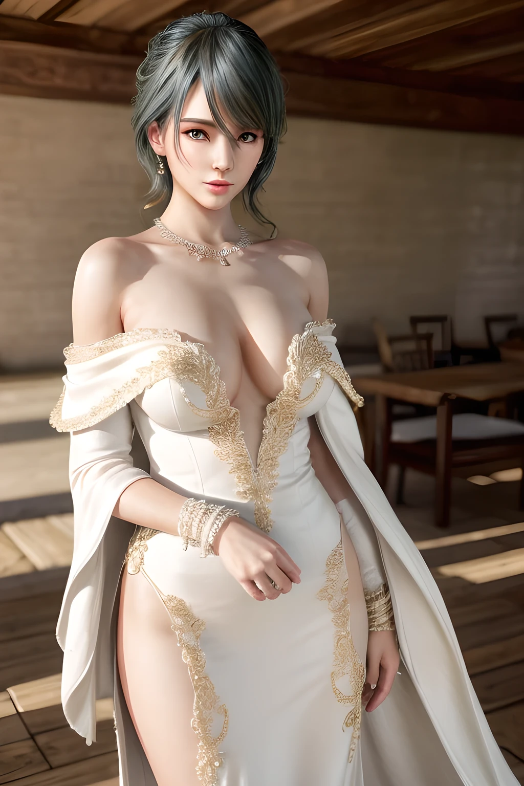 A lady with extraordinary temperament, she stands in a modern indoor space, as if she is a model from a fashion magazine. She is wearing a (pure white long fur cape), the softness and luster of which makes her look more noble under the light, and complements her (beige dress) underneath, showing her gentle temperament while maintaining a sense of fashion. The style of the dress is simple and generous, a perfect match, and it lengthens her figure, making her tall and charming. The lady's makeup is delicate and elegant, which just highlights her facial features and makes people unforgettable at first sight. Although the earrings and necklace she wears are not ostentatious, they add a bit of sophistication and nobility to her overall look. Her hair is casually draped over her shoulders, and every strand of hair exudes a natural luster,, (best quality,8k,highres,masterpiece:1.2),ultra-detailed,(realistic,photorealistic,photo-realistic:1.37),studio lighting,ultra-fine painting,sharp focus,physically-based rendering,extreme detail description,professional,vivid colors