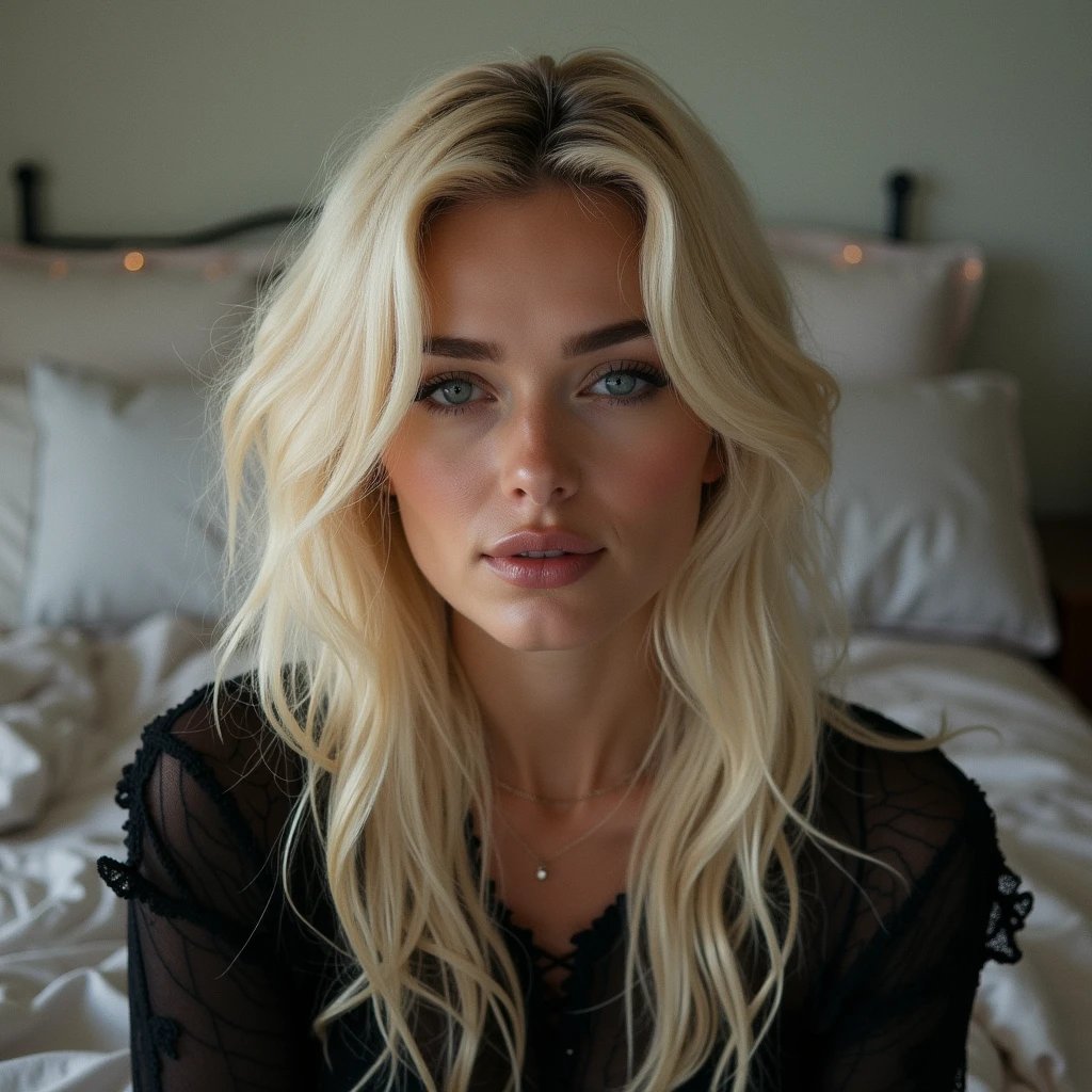 In a bedroom wearing sexy attire