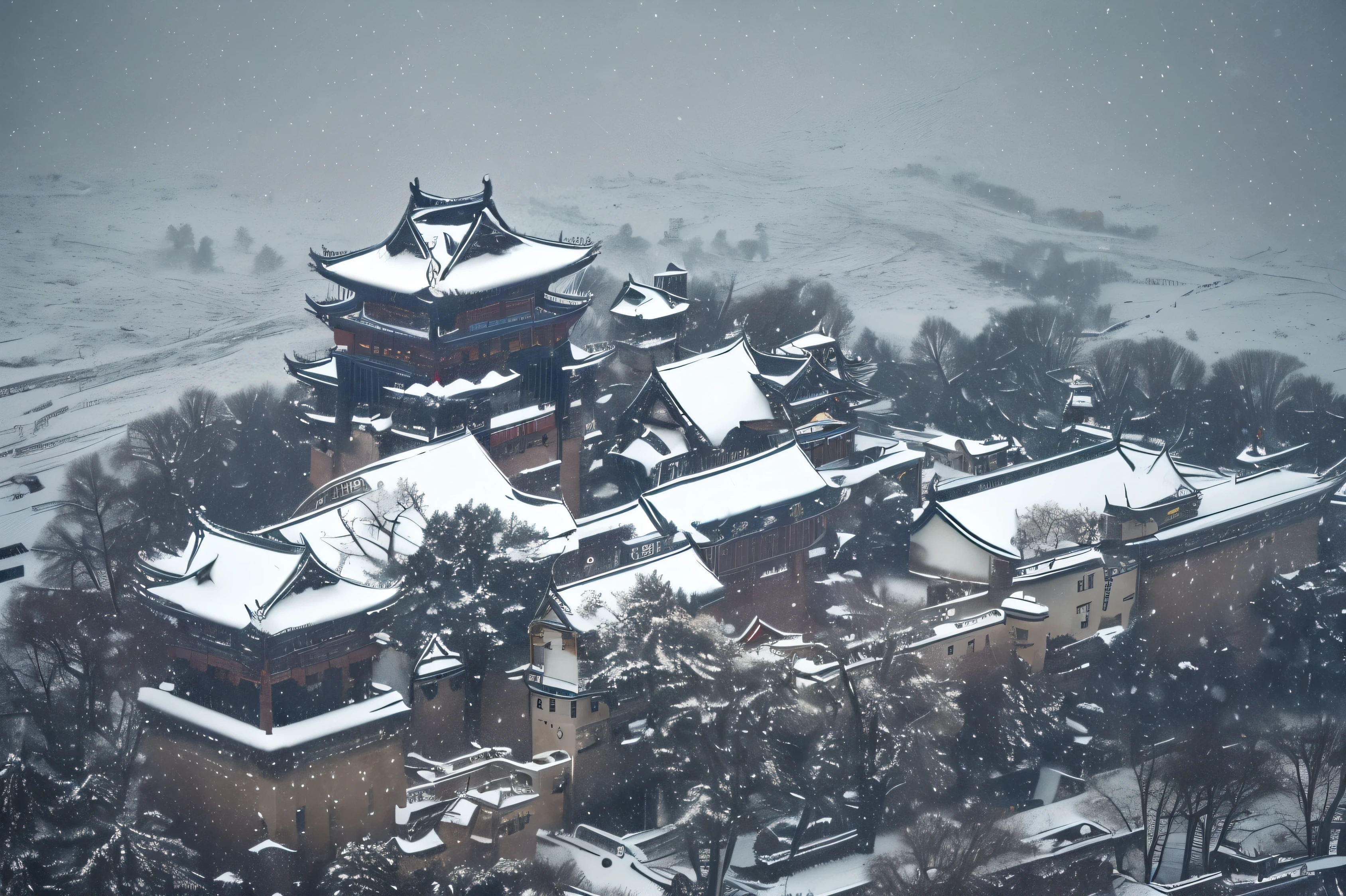arafed view of a building with a tower in the middle of a snow storm, during snowfall, (snow), city snowing with a lot of snow, dusting of snow, snow,Cyberpunk Chinese Ancient Castle, Happy!!!, snowy, Ancient Chinese architecture, Heavy snow,Detailed Details,Best quality,Perfect color matching,Cinematic atmosphere,Masterpieces shot by international photography masters,National Geographic Photography Award Winners