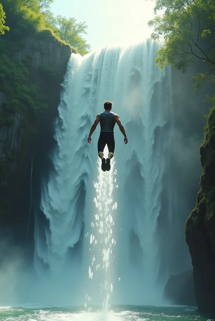 Create an extreme sports video in 16x9 format, featuring a waterfall jump with sunshine in nature.