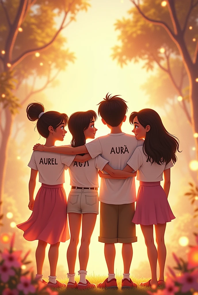 Make a Disney poster entitled DREAMS, with 2 teenage boys and girls put their arms around each other's shoulders wearing white clothes , on tmen's shirt it says AUREL, on the women's shirt it says ANGGITA 