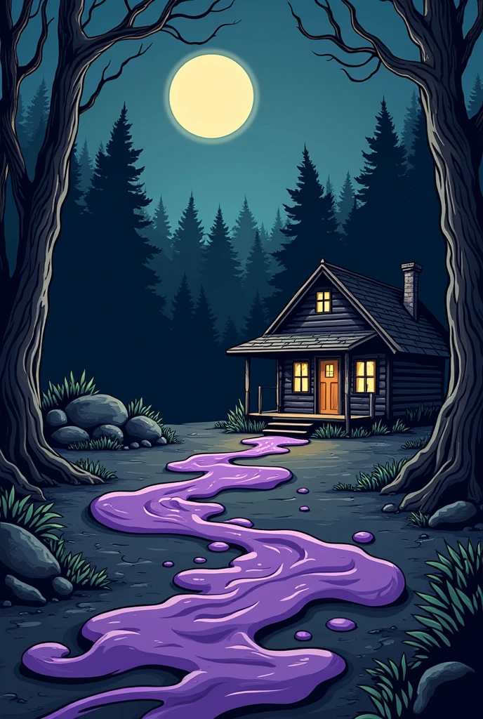 ((1930s Horror Cartoon)) A purple slime on the ground of a campsite with a cabin in the background at night