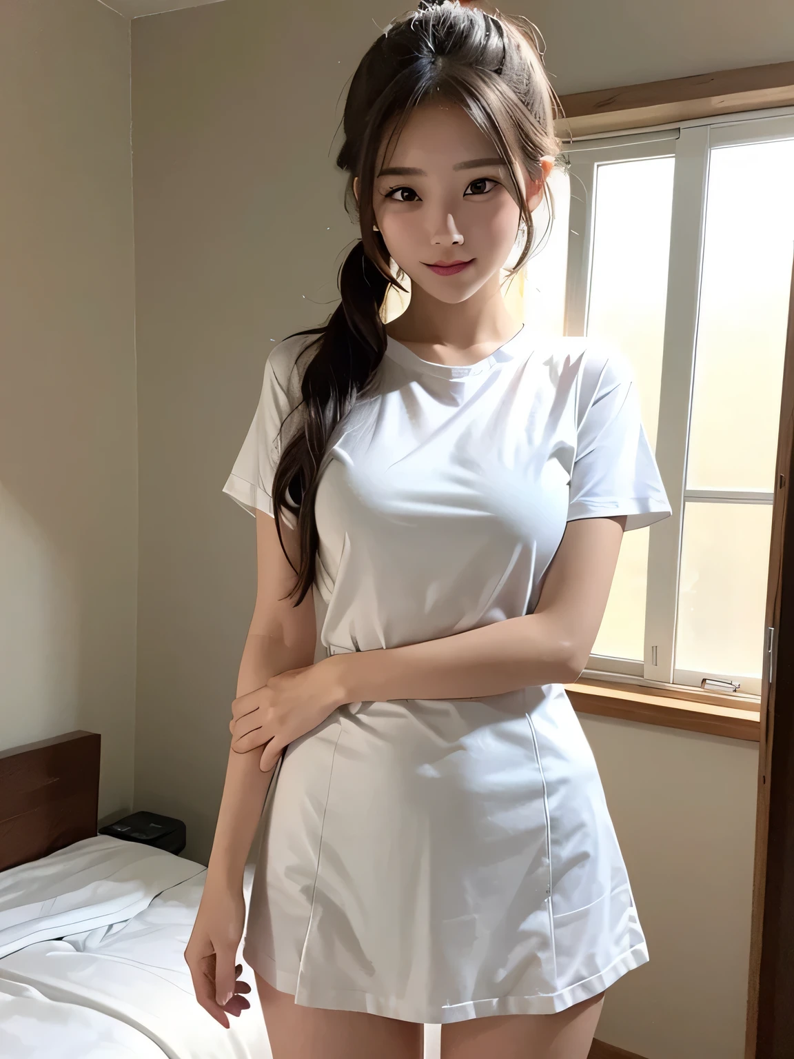 　(Highest quality、8k、32K、masterpiece、Hmph:1.2)、(masterpiece, Highest quality), Realistic photos, high school girl、very cute、15 years old、Short Ponytail、sexy、Instagram, Bright colors, High Dynamic Contrast, Slender figure、thin、Small, shapely breasts、One person、Gray Hair、 Purple eyes, Lips parted, blush, compensate, 軽いsmile, A thin white short-sleeved shirt that is slightly translucent.、sexy、Green exy、Sweat, Wet, light, Shine,  Tight waist, (masterpiece), Pink Wallpaper、sexy、smile
