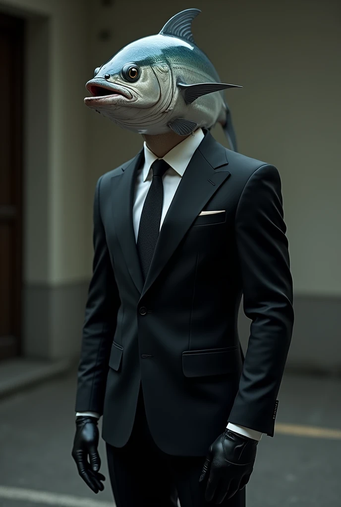 A man with the head of a tuna.。Wearing a black suit、He is well-dressed。They are also wearing black gloves.。