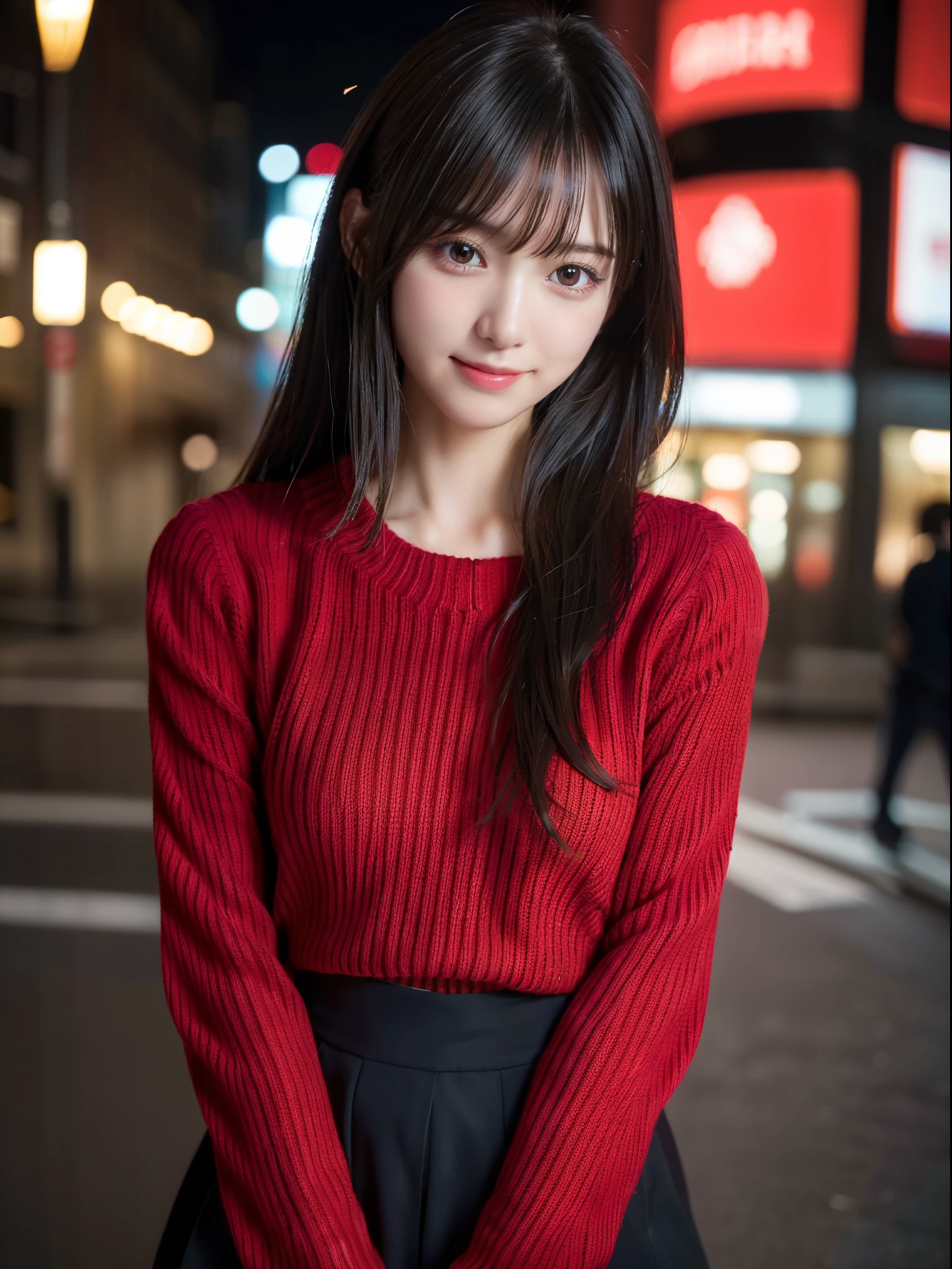 One of the Japan,(Colorful red sweater:1.4), (RAW Photos, Highest quality), (Realistic, Realistic:1.4), Tabletop, Very delicate and beautiful, Very detailed, 8k wallpaper, wonderful, In detail, Very detailedなCG Unity, High resolution, Soft Light, 美しくIn detail描かれた19歳の少女, Very detailedな目と顔, Beautiful and detailed nose, Beautiful details,Cinema Lighting,City lights at night,Perfect Anatomy,Slender body,E Cup,smile (My hair is messy, Asymmetrical bangs, Black Hair,)