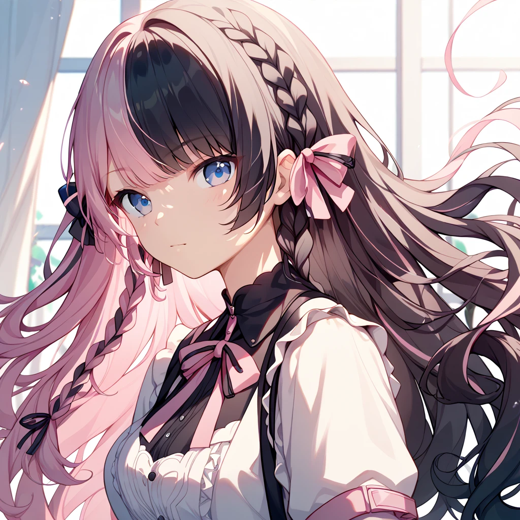 Long Hair、(Pink and black braids on both sides、Left hair is pink、Right is black)Blue eyes、Left ribbon is black、Right ribbon is black、Long Hair、(Inner hair color　Black Hair + Pink inner hair)