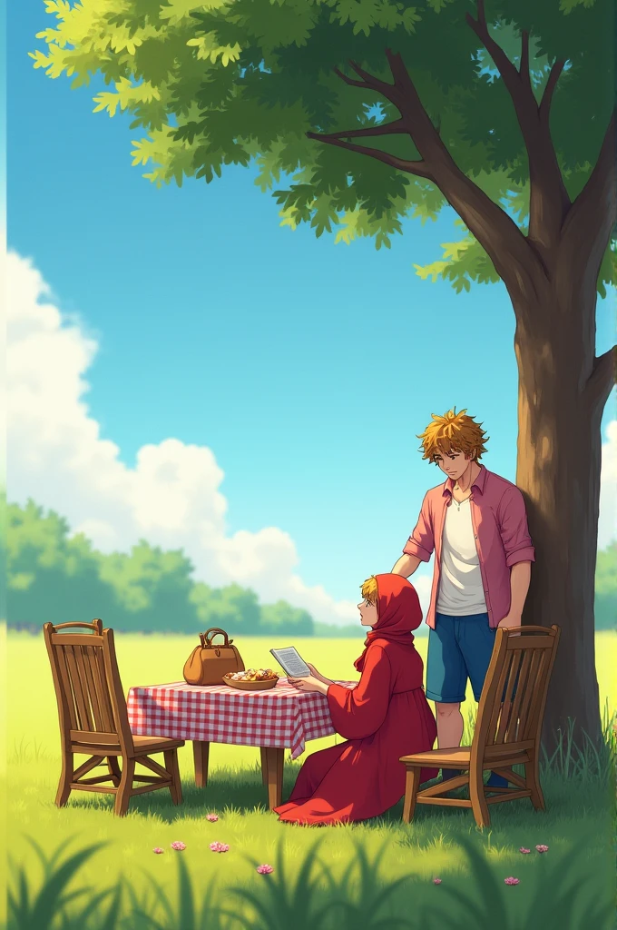 A pair of lovers having a picnic in a wide grass field with sunny weather and blue skies, the man with curly golden brown hair, reddish white skin, ideal body posture and tall, he wears an unbuttoned pink shirt and a white t-shirt. wearing blue knee-length trousers, the man was picking up the food on the table. The picnic table had a white and red checkered cloth with a bag full of food, and there were 4 wooden chairs facing each other. Meanwhile the woman is wearing a red robe and she is wearing a red headscarf and is sitting on a stretch of grass while leaning against a tree while reading a book, this woman's position is close to the man's side