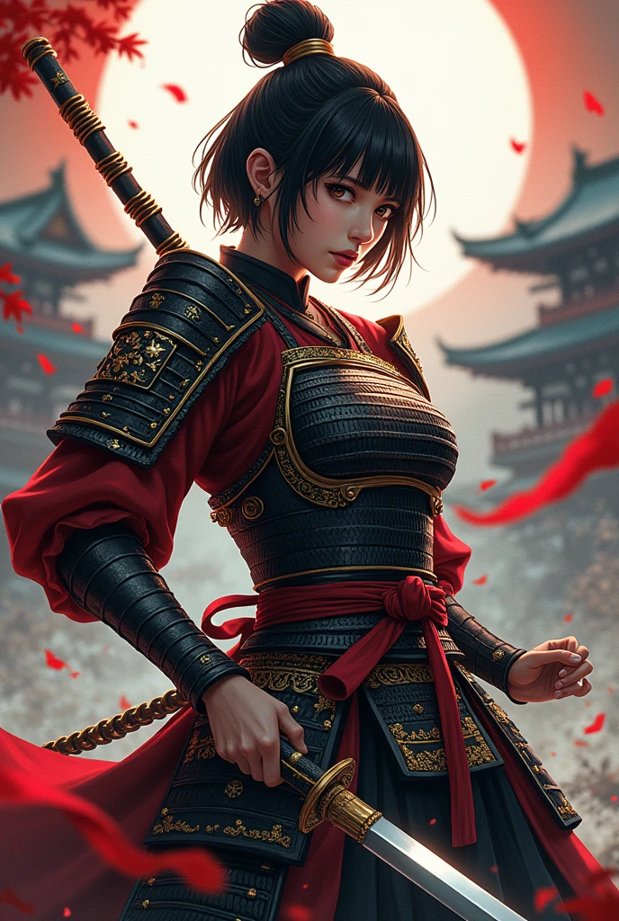 Sengoku period illustration, woman, kusarigama, samurai armor, short hair