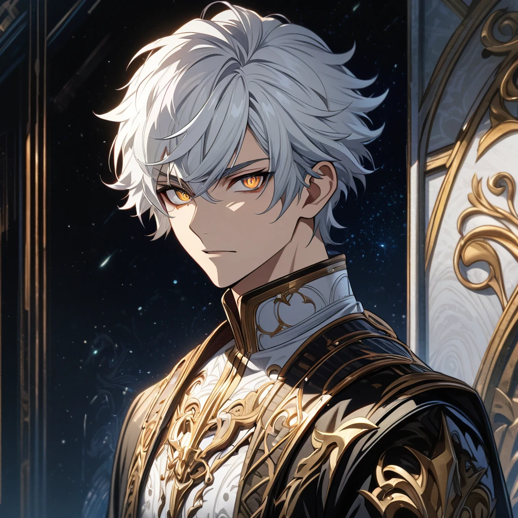 (absurdres, highres, ultra detailed), 1man, mature male, 18 years old, 18 yo, short hair, extremely detailed CG unity 8k wallpaper, intricate details, portrait, looking at viewer, solo, (full body:0.6), detailed background, detailed face, High quality, HD, 4k, no shadows, handsome male, 1male, , ager, short white hair, silver hair, white hair, sharp eyes, deep gold colored eyes, dark golden colored eyes, deep gold eyes, gold eyes, devil may cry, close up, calm expression, stoic expression, black leather clothes, white leather clothing, lean body, well trained body, upper body, looking at viewer, cowboy shot, white solar, space background