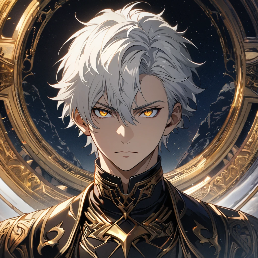 (absurdres, highres, ultra detailed), 1man, mature male, 18 years old, 18 yo, short hair, extremely detailed CG unity 8k wallpaper, intricate details, portrait, looking at viewer, solo, (full body:0.6), detailed background, detailed face, High quality, HD, 4k, no shadows, handsome male, 1male, , teenager, short white hair, silver hair, white hair, sharp eyes, deep gold colored eyes, dark golden colored eyes, deep gold eyes, gold eyes, devil may cry, close up, calm expression, stoic expression, black leather clothes, white leather clothing, lean body, well trained body, upper body, looking at viewer, cowboy shot, white solar, space background
