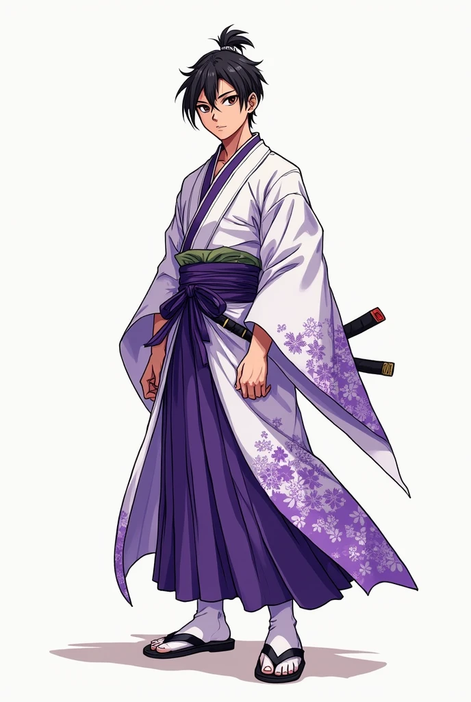 (illustrator) sketsa anime, samurai, kimono, blurple + white, front position, full body, boy, age 18