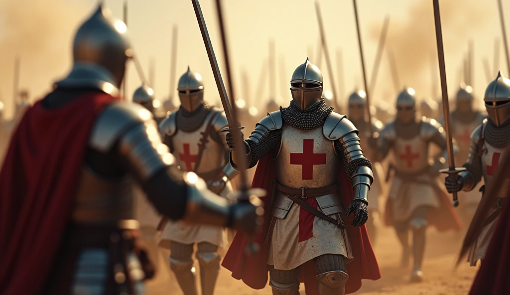 A highly realistic, high-contrast, 8K HD, detailed, hyper-detailed image of the Crusader knight from the provided image, fighting fiercely on the battlefield alongside his comrades. The knight, clad in steel armor with a red cross on his tunic, stands shoulder to shoulder with his fellow Crusader warriors, their swords raised as they engage in intense combat. The battlefield is filled with dust, blood, and the sound of clashing steel as the knights fight together with unyielding resolve. The dramatic lighting highlights the unity and strength of the group, capturing the powerful bond between the warriors as they face their enemies as one. The image is of the highest quality, with ultra-high resolution, RAW photo quality, and Unreal Engine rendering, showcasing the courage and camaraderie of the Crusader knights as they battle side by side.