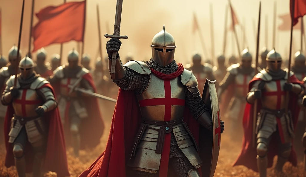 A highly realistic, high-contrast, 8K HD, detailed, hyper-detailed image of the Crusader knight from the provided image, fighting fiercely on the battlefield alongside his comrades. The knight, clad in steel armor with a red cross on his tunic, stands shoulder to shoulder with his fellow Crusader warriors, their swords raised as they engage in intense combat. The battlefield is filled with dust, blood, and the sound of clashing steel as the knights fight together with unyielding resolve. The dramatic lighting highlights the unity and strength of the group, capturing the powerful bond between the warriors as they face their enemies as one. The image is of the highest quality, with ultra-high resolution, RAW photo quality, and Unreal Engine rendering, showcasing the courage and camaraderie of the Crusader knights as they battle side by side.