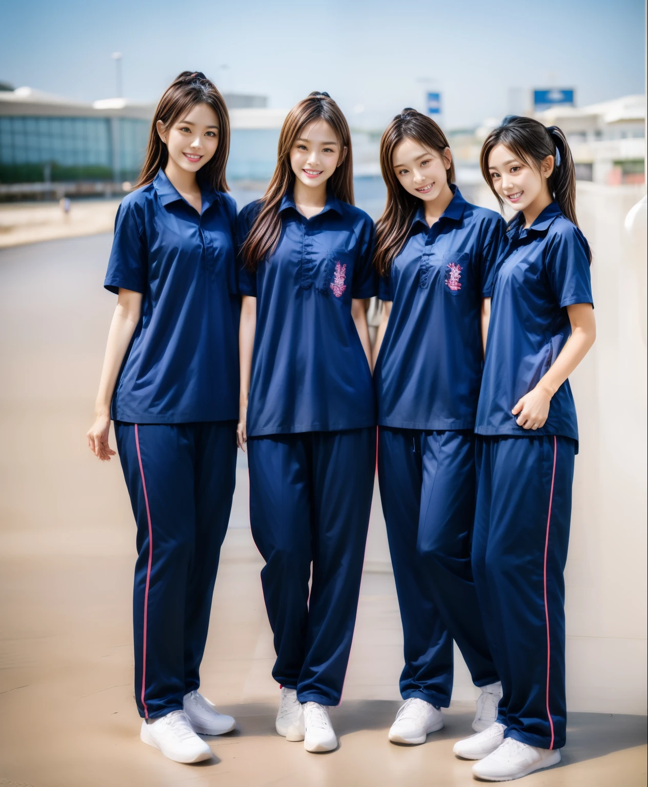 3 girls on beach, Navy blue short-sleeved shirt,Navy Long Trackpant,Sweatpants, Sweatpantsขายาว,25 year old girl, lesbian, sexy, exercise clothes, wet body, exercise clothes