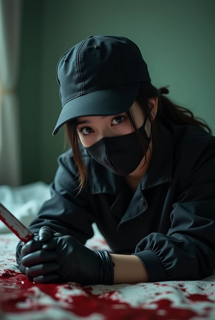 korean girl, (behind corpse, holding knife), black surgical mask, black gloves, room full of blood, black raincoat, trucker hat, holding knife, black gloves, woman on top, behind multiple corpse, blood splatter, on the bed, looking at viewer, mass murderer, killer, low pony tail, blood splatter, dark atmosphere, cinematic lighting, atmospheric realistic, light from the window, close-up,
